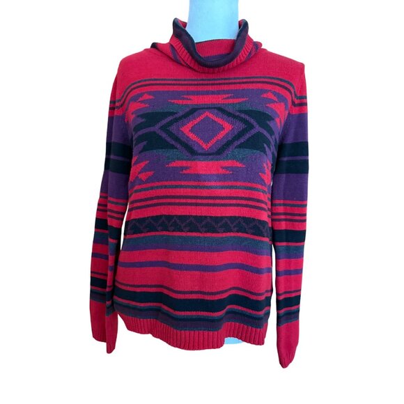 Chaps Retro Southwestern Tribal Aztec Cowl Neck Sweater Large Red Cowgirl - Picture 1 of 7